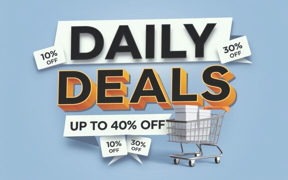 Daily deals and discounts with a shopping cart overflowing with savings, perfect for retail and e-commerce promotions.