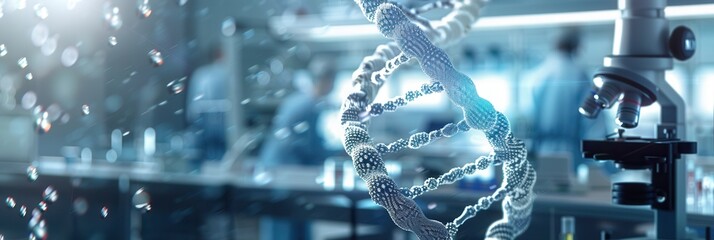 Poster - A detailed DNA strand is prominently displayed against a blurred laboratory backdrop filled with researchers and equipment. Generative AI