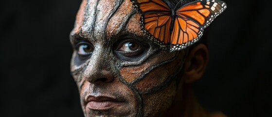  A man with a butterfly on his face and another on his head, against a black background