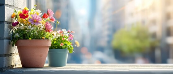  Two potted plants atop a sunlit window sill, adjacent to a brick wall