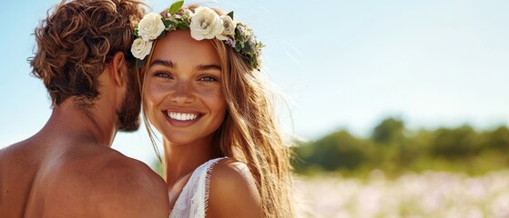  A man and a woman, each adorned with flowers in their hair, share a proximity while wearing floral crowns atop their heads