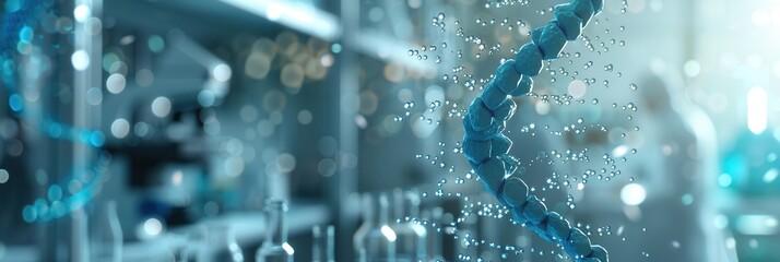 Fototapete - A prominent DNA strand is captured in detail, set against a blurred backdrop of a laboratory filled with scientific equipment. Generative AI