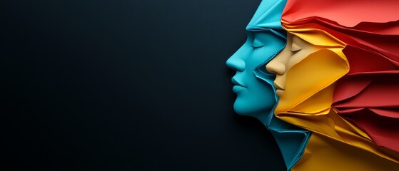  A tight shot of a face hovering over a multi-colored paper head sculpture