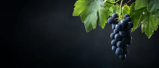 a vine bearing lush green leaves supports a cluster of ripe grapes against a dark backdrop