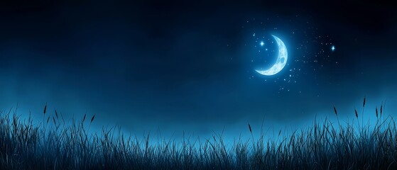 Wall Mural - a night scene featuring a crescent moon and grass in the foreground, contrasted against a blue backd