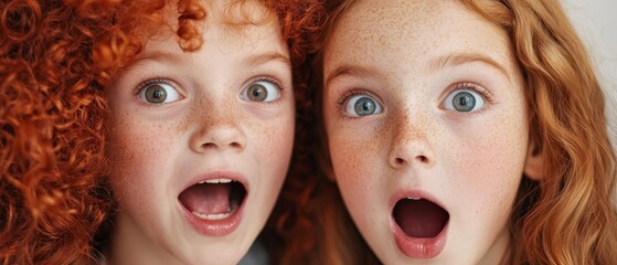  Two young girls with freckled hair and blue eyes make surprised faces