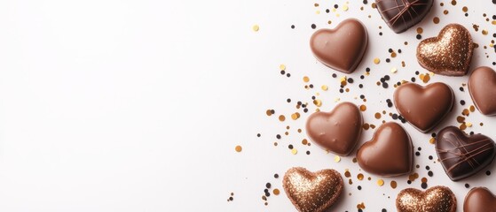  A collection of heart-shaped chocolates arranged on a pristine white background, surrounded by confetti sprinkles