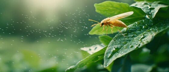  A yellow fly perches on a green leaf dotted with water droplets