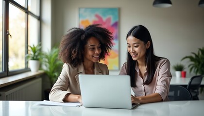 a modern office space with two young female professionals happily working