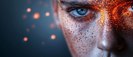  A tight shot of a face adorned with numerous orange sparks