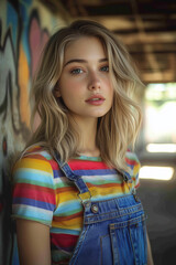 A young woman stands in a building with graffiti on the walls.