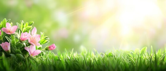  A pink flower bouquet atop a verdant, sun-dappled grassfield; sunlight filters through the greenery