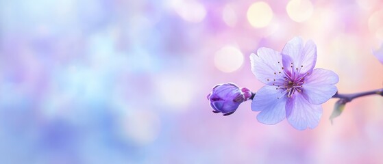  A flower, tightly framed on a tree branch, against a backdrop of soft focus light Bokeh in the background The foreground sporting a hazy, blurred sky
