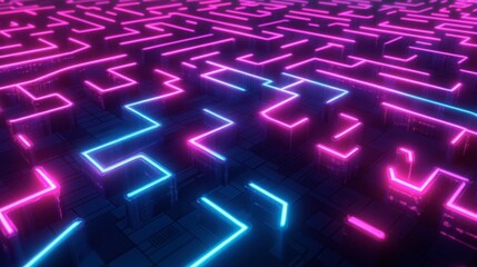 Glowing neon digital pathways forming a maze-like pattern on a dark background.