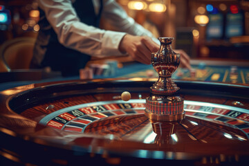 Close-up of the fortune roulette wheel with the ball and the dealer on the table in the background