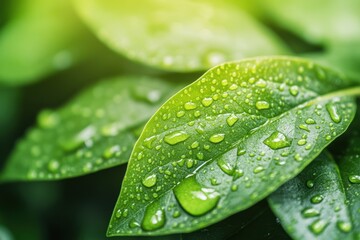 Aufkleber - Lush green leaves adorned with water droplets catch morning light, symbolizing freshness and rejuvenation in nature’s embrace. Generative AI