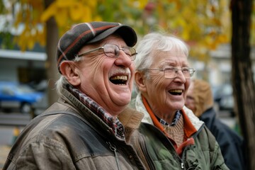 Elderly couple on the streets of the city in the autumn