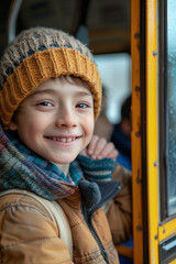 Caucasian boy sitting on a school bus, bus travel