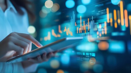 Person analyzing financial data on a tablet with a digital stock market board in the background.