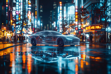 A technology futuristic style car is driving on the streets of the night city.