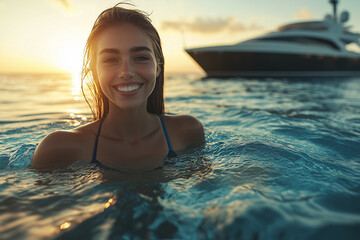 Wall Mural - Caucasian woman swimming in the sea, yacht tour