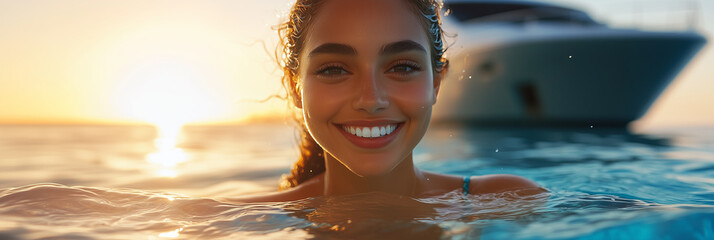 Wall Mural - Caucasian woman swimming in the sea, yacht tour