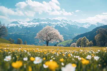 Canvas Print - Springtime in Switzerland brings vibrant wildflowers and blossoming trees against a stunning backdrop of majestic mountains. Generative AI