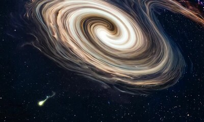 Wall Mural - tilt shot with galaxy collision: the camera starts by focusing on two galaxies approaching each othe