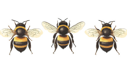 Poster - three detailed illustrations of bumblebees showcasing their features generative ai
