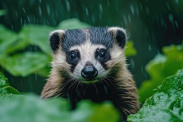 Wall Mural - japanese badger standing in lush greenery during rain shower