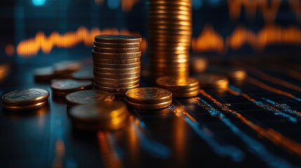Poster - Gold coins stacked on each other reflecting from a surface with stock market charts in background