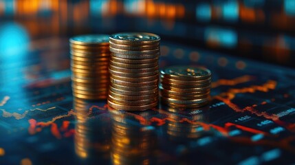 Poster - Gold coins stacked on each other reflecting from a surface with stock market charts in background