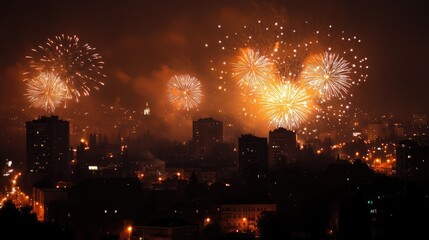 Poster - Fireworks exploding over the city at night illuminating the sky