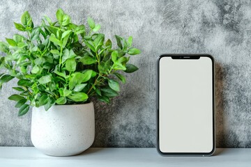 Poster - Smartphone with blank screen standing on white desk near green plant in flowerpot