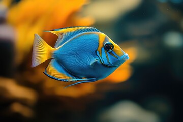 Wall Mural - Bright blue and yellow fish swimming in aquarium