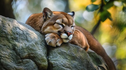 Wall Mural - wild cougar resting peacefully on a rock