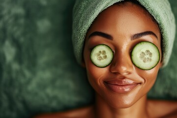 Beautiful woman relaxing with cucumber facial mask treatment