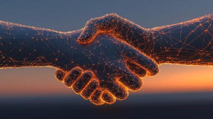 Poster - Digital Handshake Against a Sunset Sky