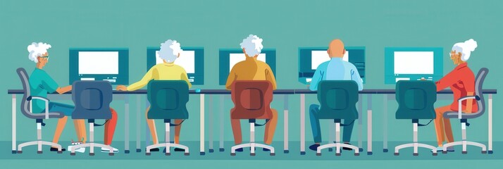 Fototapete - A diverse group of elderly participants focused on improving their computer skills at a community center class. Generative AI