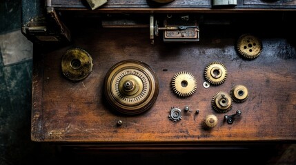 Poster - A Collection of Antique Gears and Cogs on a Wooden Table