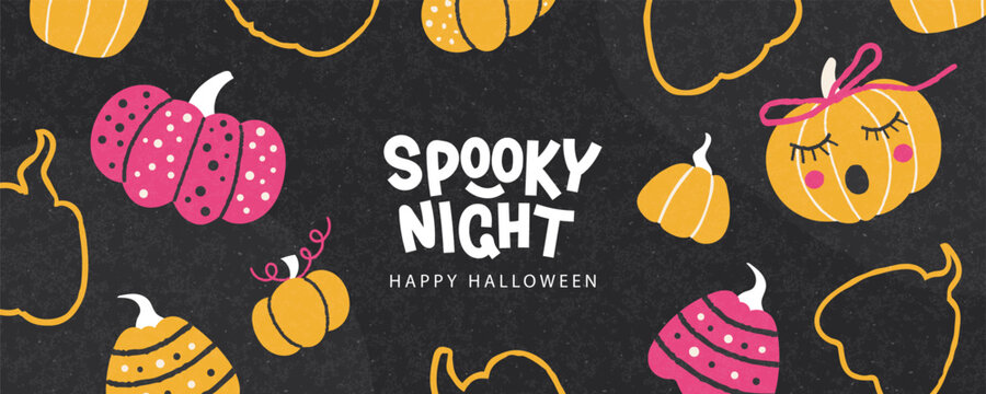 Festive Halloween banner with different cute pumpkins. Flat vector illustration. Trendy holiday template for cover, card, banner, social media design.