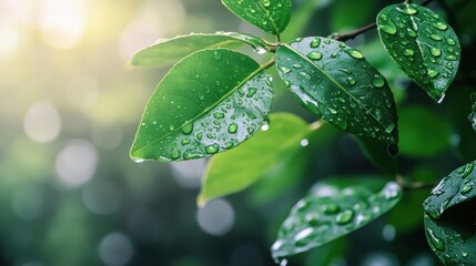 Poster - Dew-kissed green leaves glisten in the morning light, showcasing nature’s beauty and the refreshing essence of hydration. Generative AI