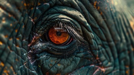 Poster - The powerful gaze of an elephant is captured, revealing detailed skin textures and the striking color of its eye in natural light. Generative AI