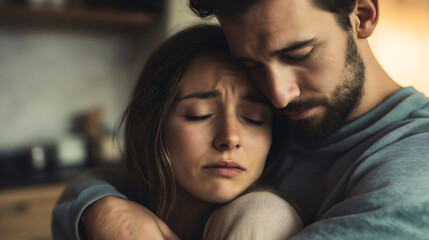 husbands comforts wife, sad depressed woman, couple navigating the challenges of their marriage toge