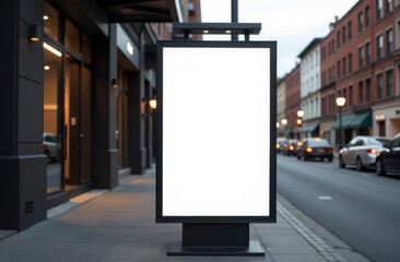 Blank billboard standing on a sidewalk with buildings and cars in the background