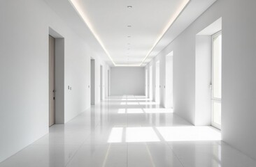 Sunlight illuminating a long empty corridor with white walls