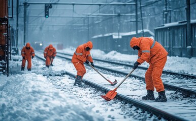 Workers clearing snow from train tracks in winter. AI generated image