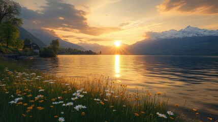 Poster - Golden sunlight reflects on Lake Geneva, surrounded by blooming flowers and lush greenery, capturing the essence of a peaceful spring evening. Generative AI