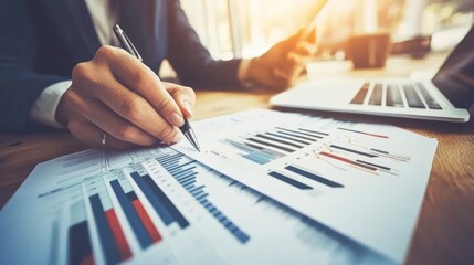 Poster - Person Analyzing Financial Charts and Data with Pen