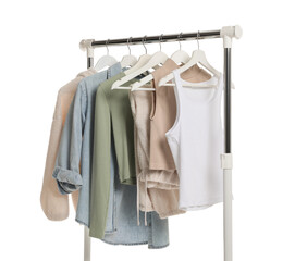 Canvas Print - Rack with different clothes isolated on white